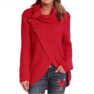 Women’s red cowl neck asymmetrical chunky sweater